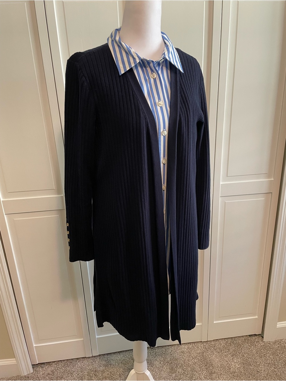 Talbots Navy Long Ribbed Open-Front Cardigan with Gold-Tone Cuff Buttons